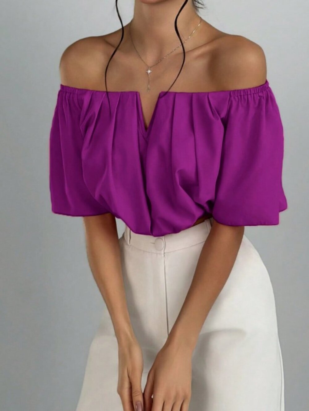 Purple Casual Women's Off-Shoulder V-Neck Fitted Shirt
